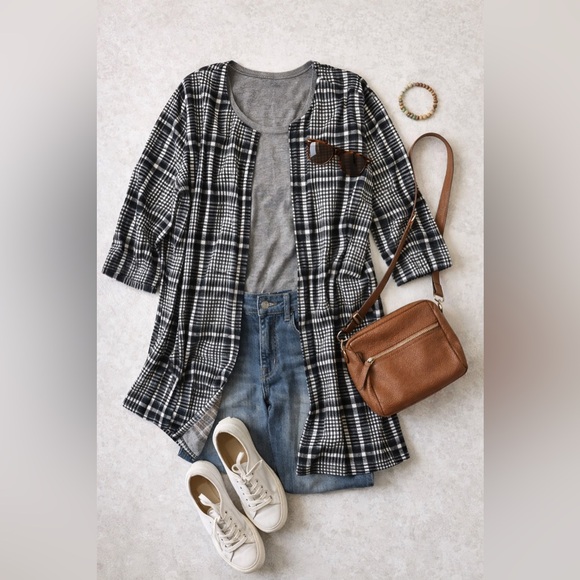 SHEIN Sweaters - SHEIN Curve Black White Plaid Open Front Cardigan Duster 4XL